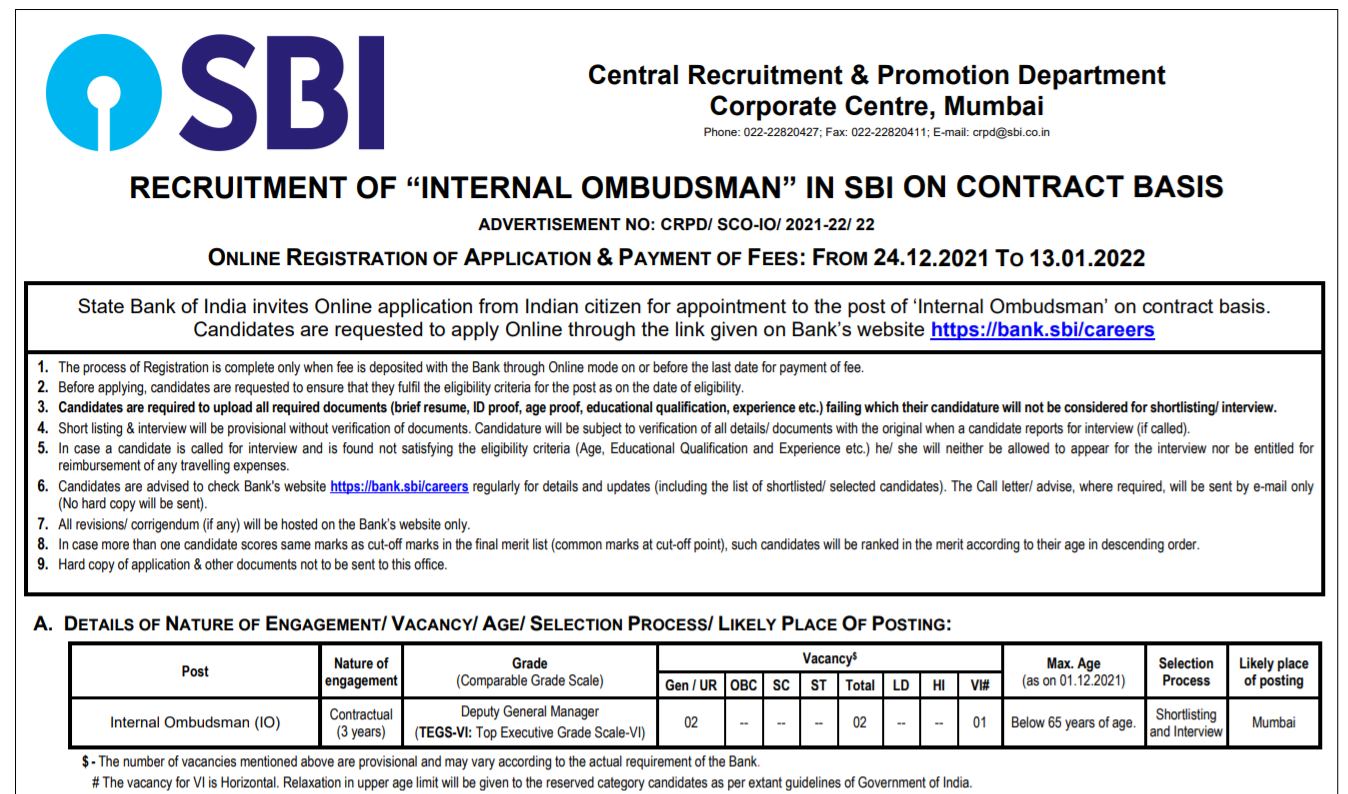 sbi recruitment internal Ombudsman posts 2021.png